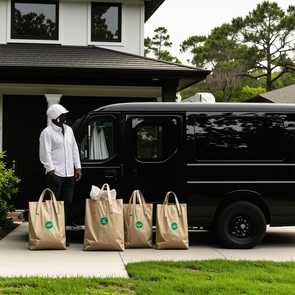 Contactless laundry pickup van showcasing AI and IoT technology with eco-friendly bags outside a residence in Odessa FL