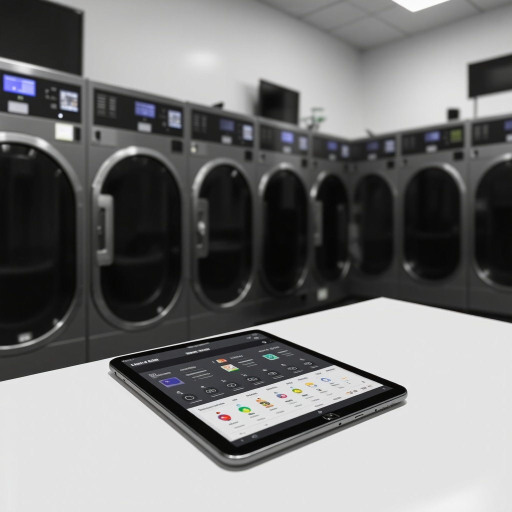 High-tech dry cleaning machines using eco-friendly solvents with a tablet showing smart wardrobe management app