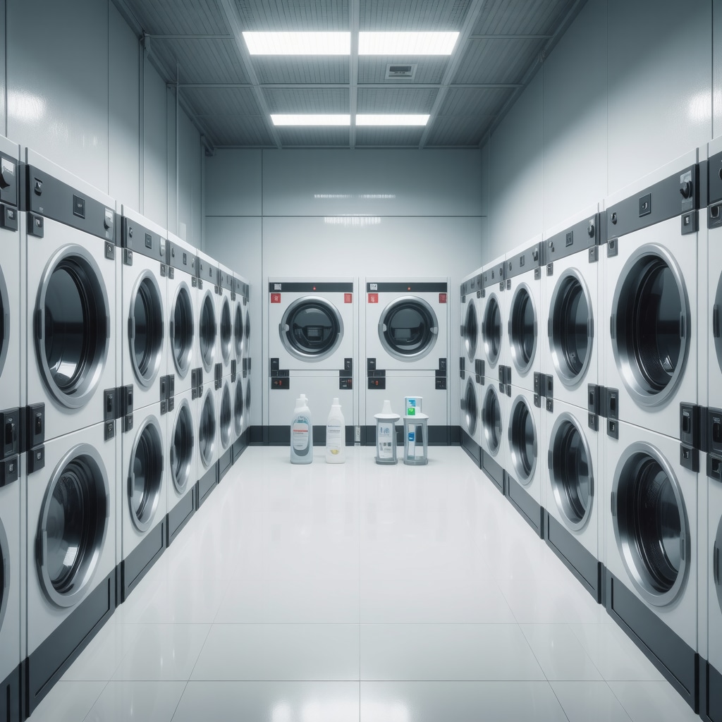 Modern laundry facility showcasing AI-driven logistics and eco-friendly sustainable practices