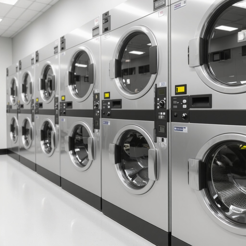 Smart washers with digital controls and eco-friendly packaging in a modern Tampa laundry facility
