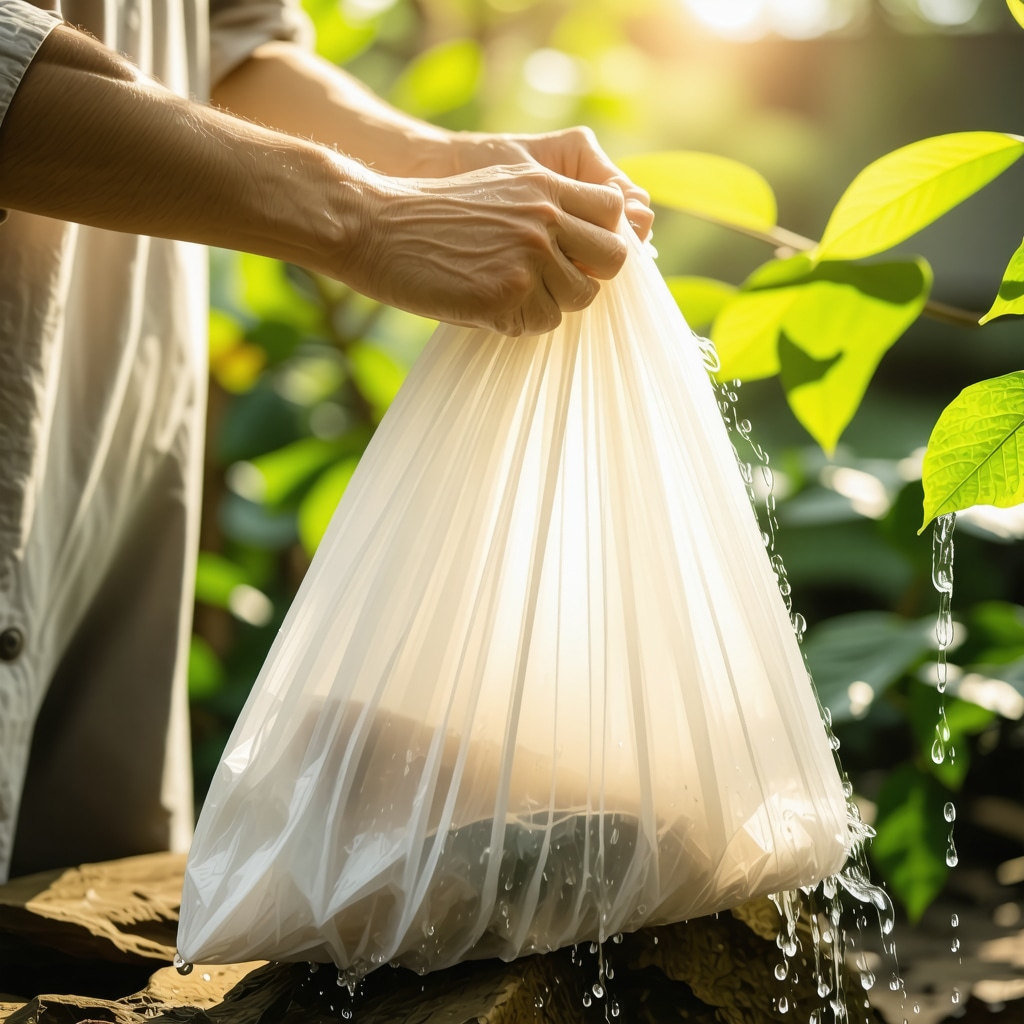 Person washing reusable laundry bag by hand in natural sunlight