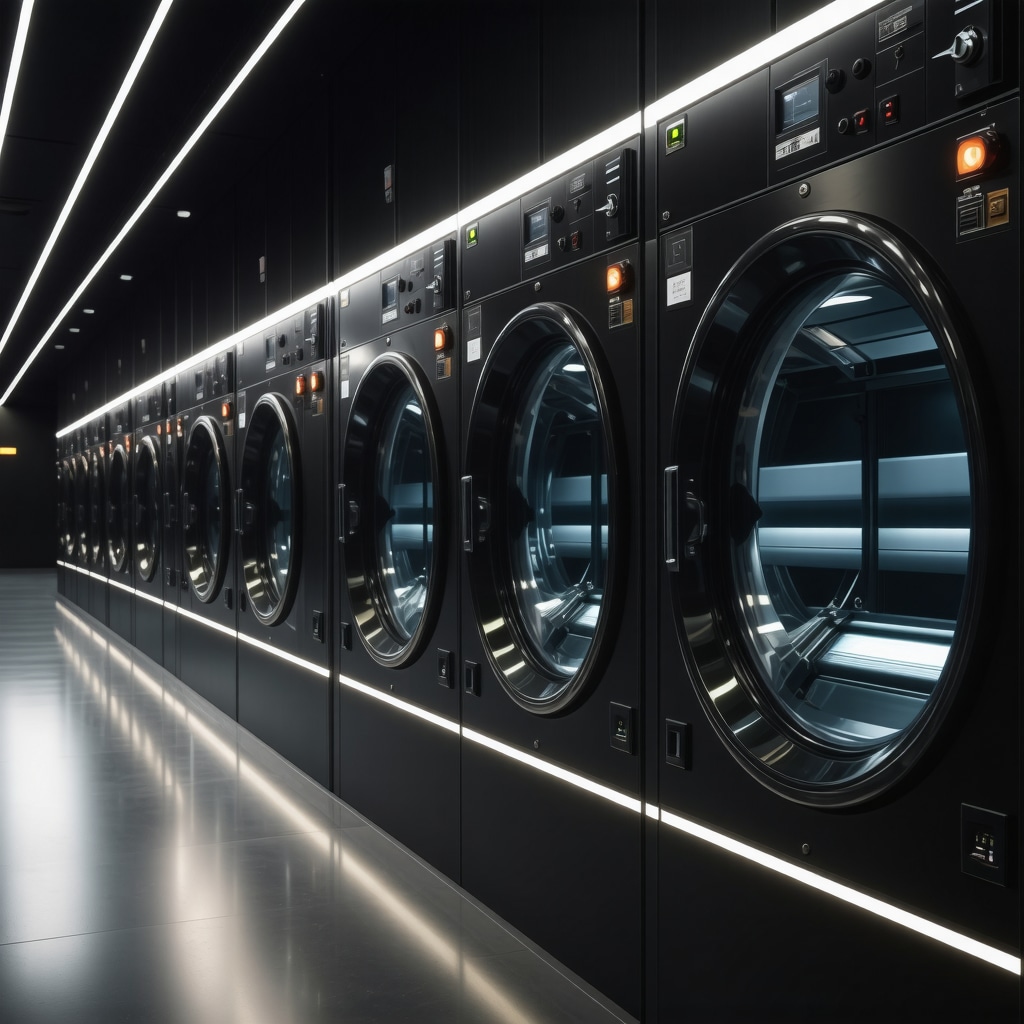 Modern laundry facility utilizing ozone and ultrasonic cleaning technologies for eco-friendly fabric care