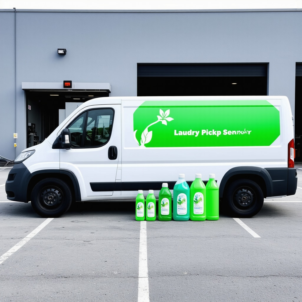 Electric delivery van outside laundry facility with eco-friendly detergents and reusable bags