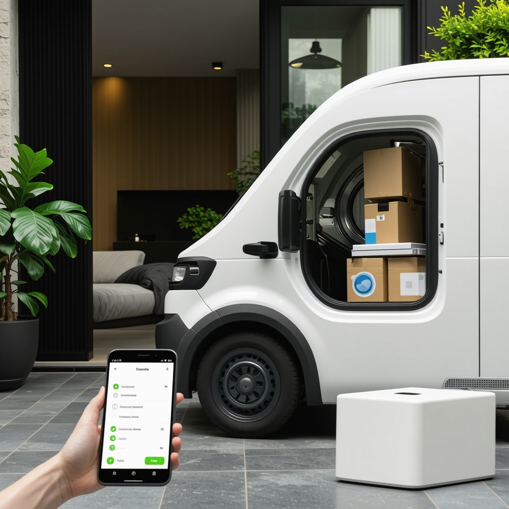 Laundry pickup vehicle with eco-friendly packaging and digital scheduling on smartphone screen