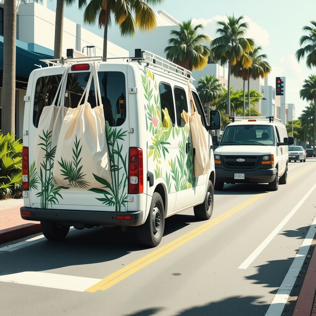 Reusable laundry bags made of bamboo fiber and recycled plastics with electric vans on optimized routes in Tampa