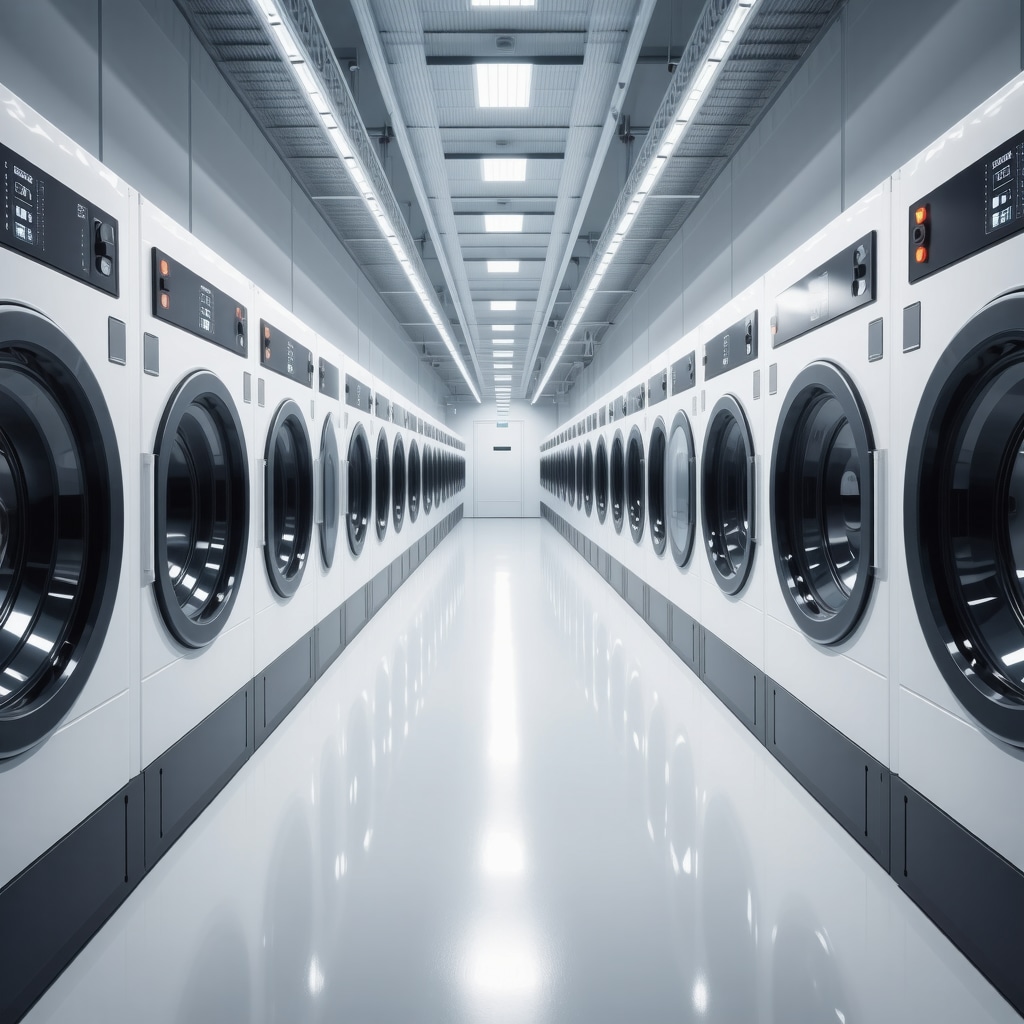 Modern laundry facility with AI sorting machines and electric delivery vans representing advanced and sustainable laundry services