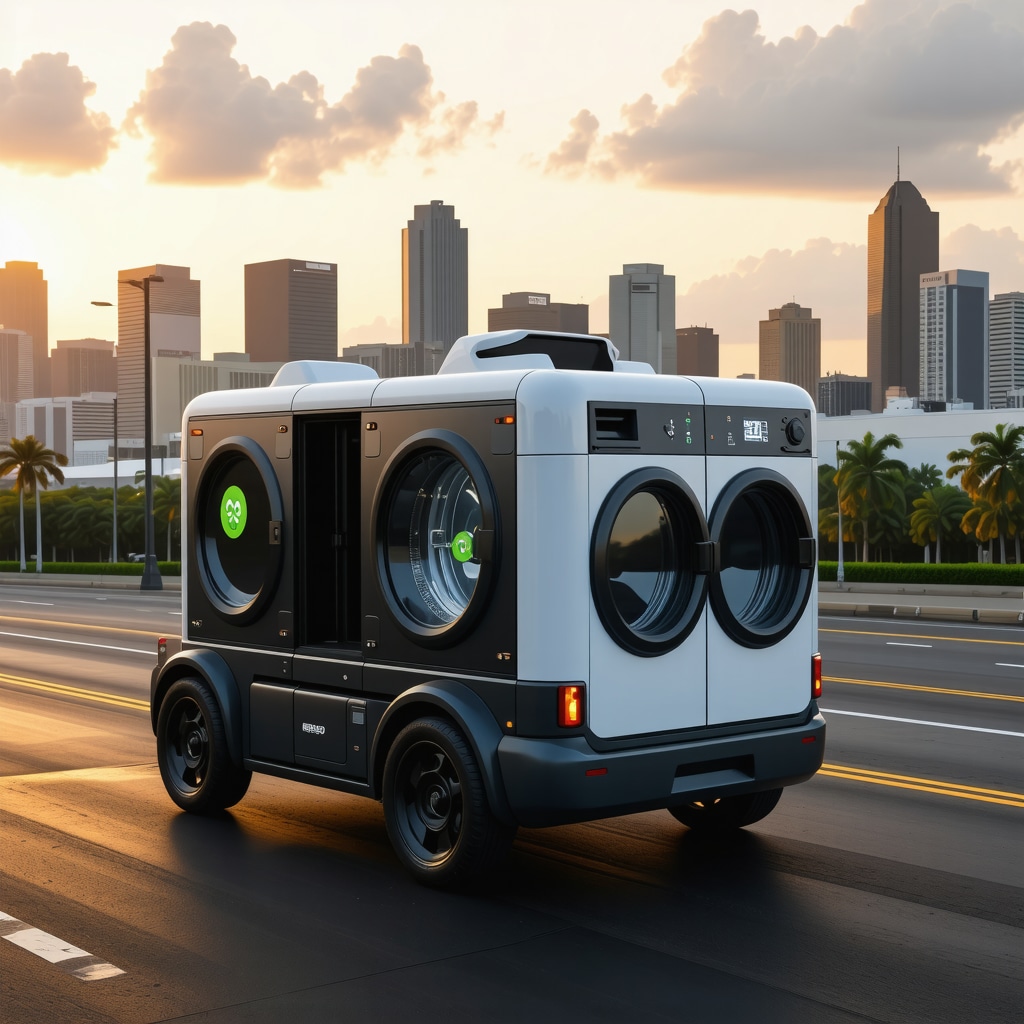 Advanced laundry pickup vehicle featuring AI and IoT technology in Tampa city environment