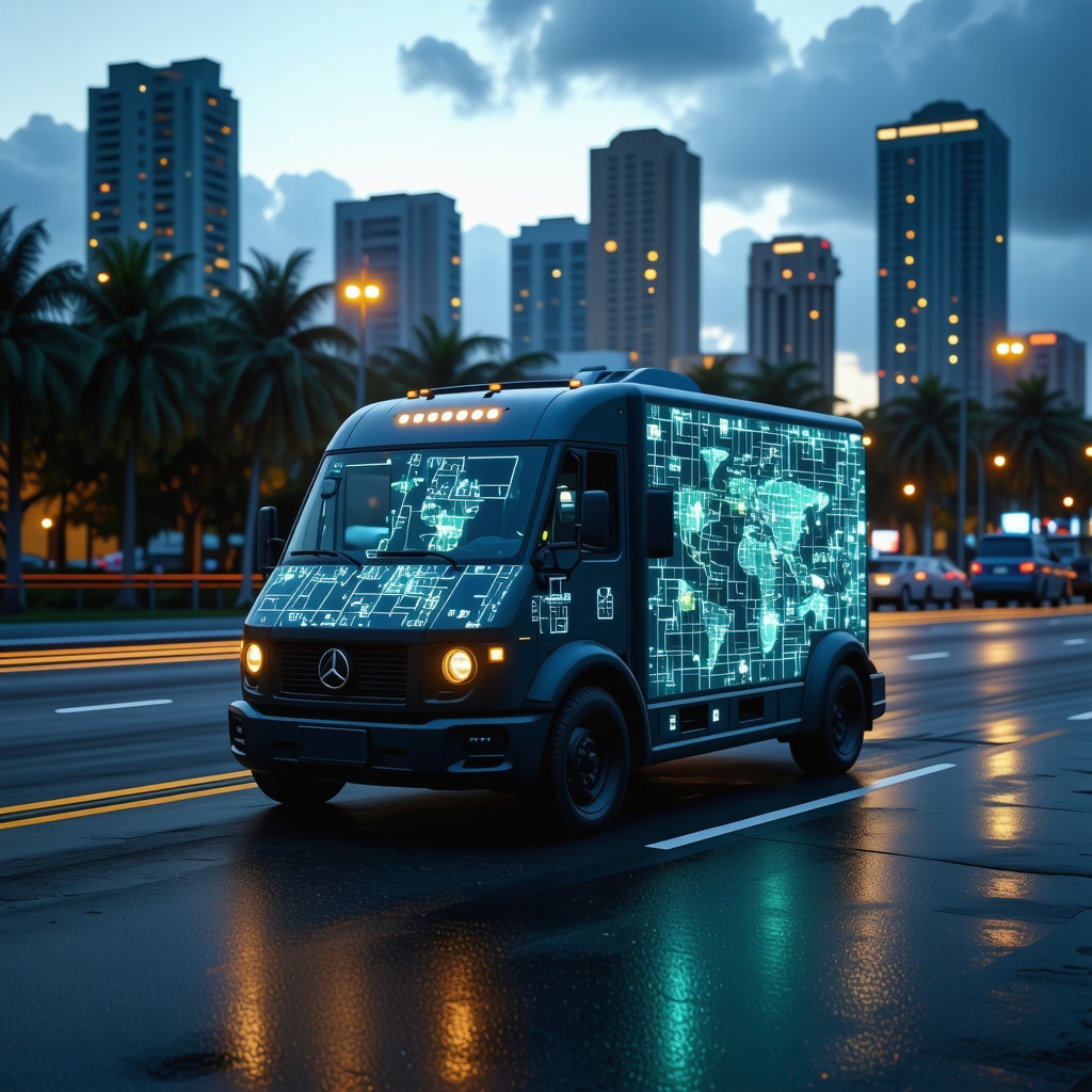 A high-tech laundry delivery van using AI and GPS technology at night in Tampa city