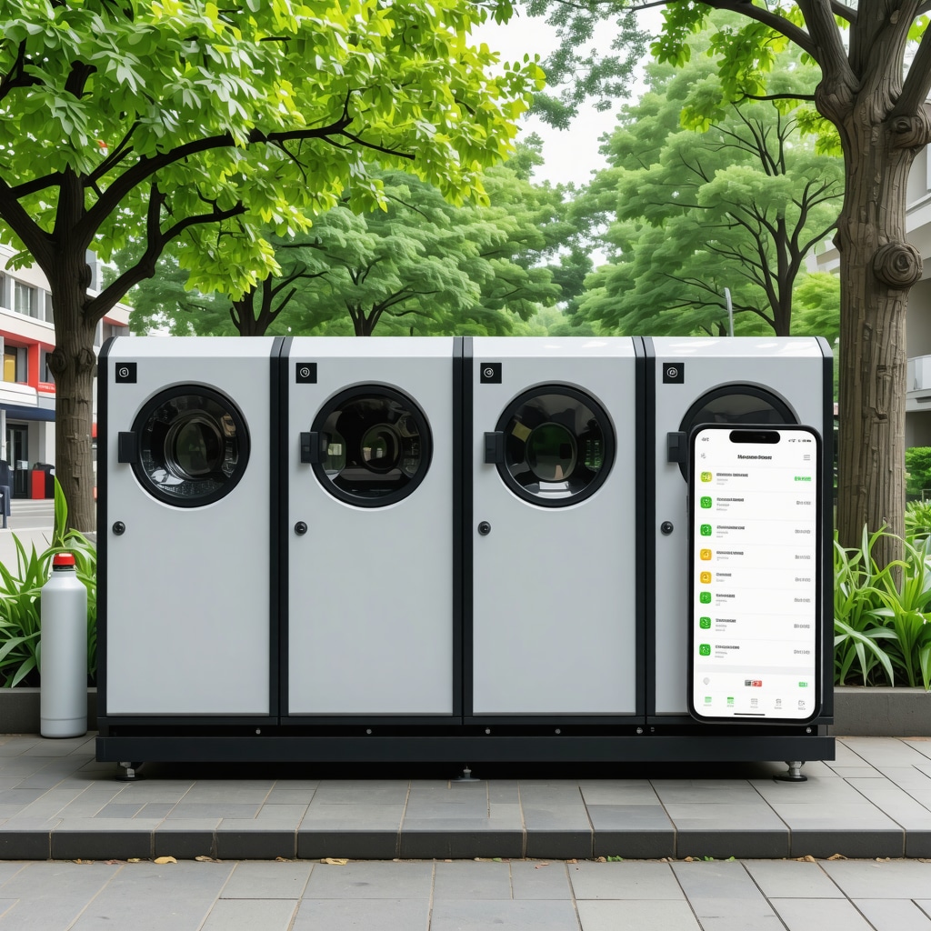 Smart laundry bins with RFID tags and eco-friendly detergents with a smartphone app showing laundry tracking near USF Tampa