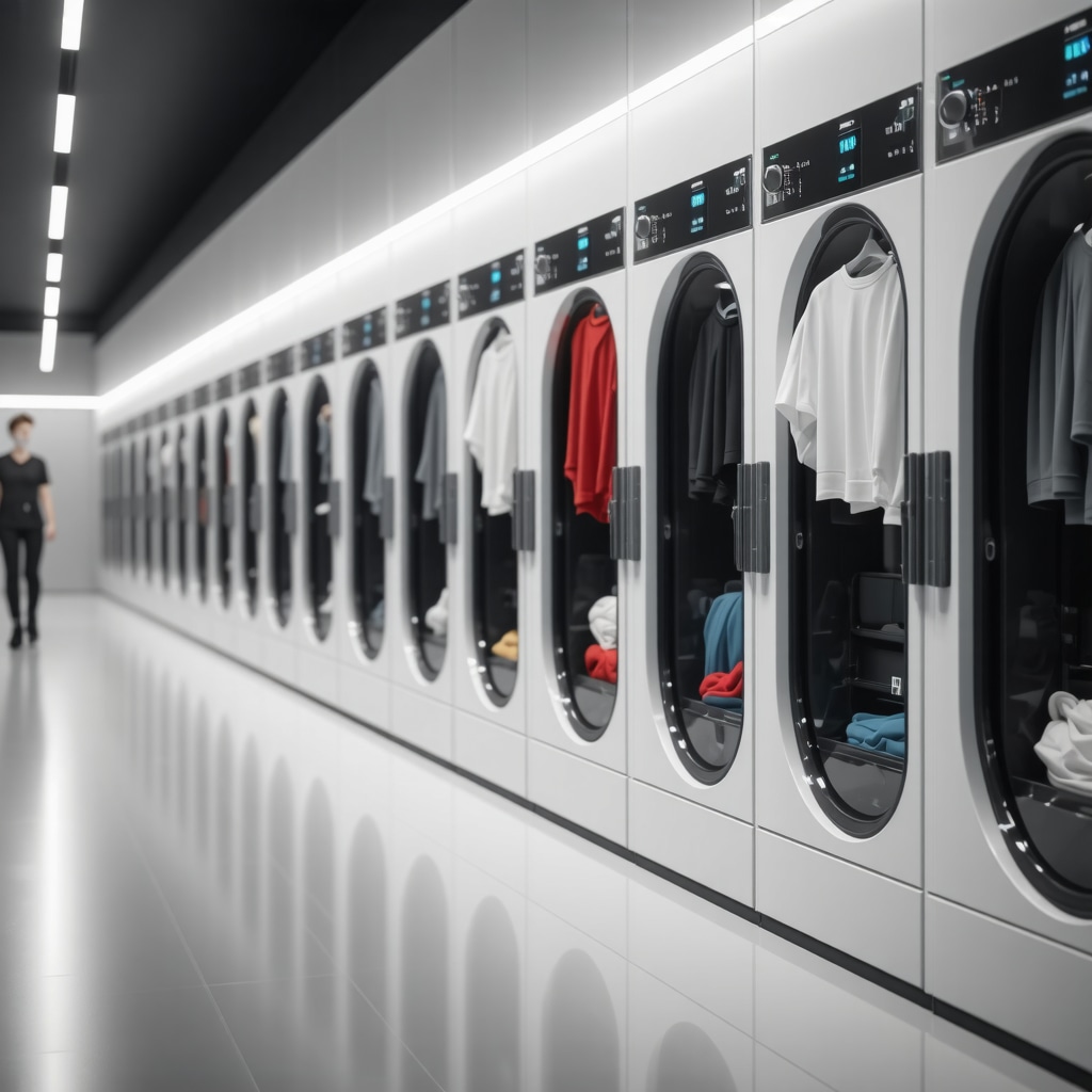 Modern laundry facility showcasing smart laundry pickup with IoT-enabled activewear and AI scheduling systems