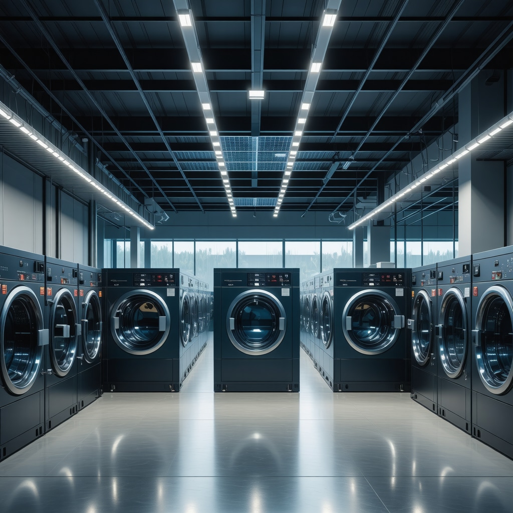 Commercial laundry facility showcasing AI-powered machines and solar panels