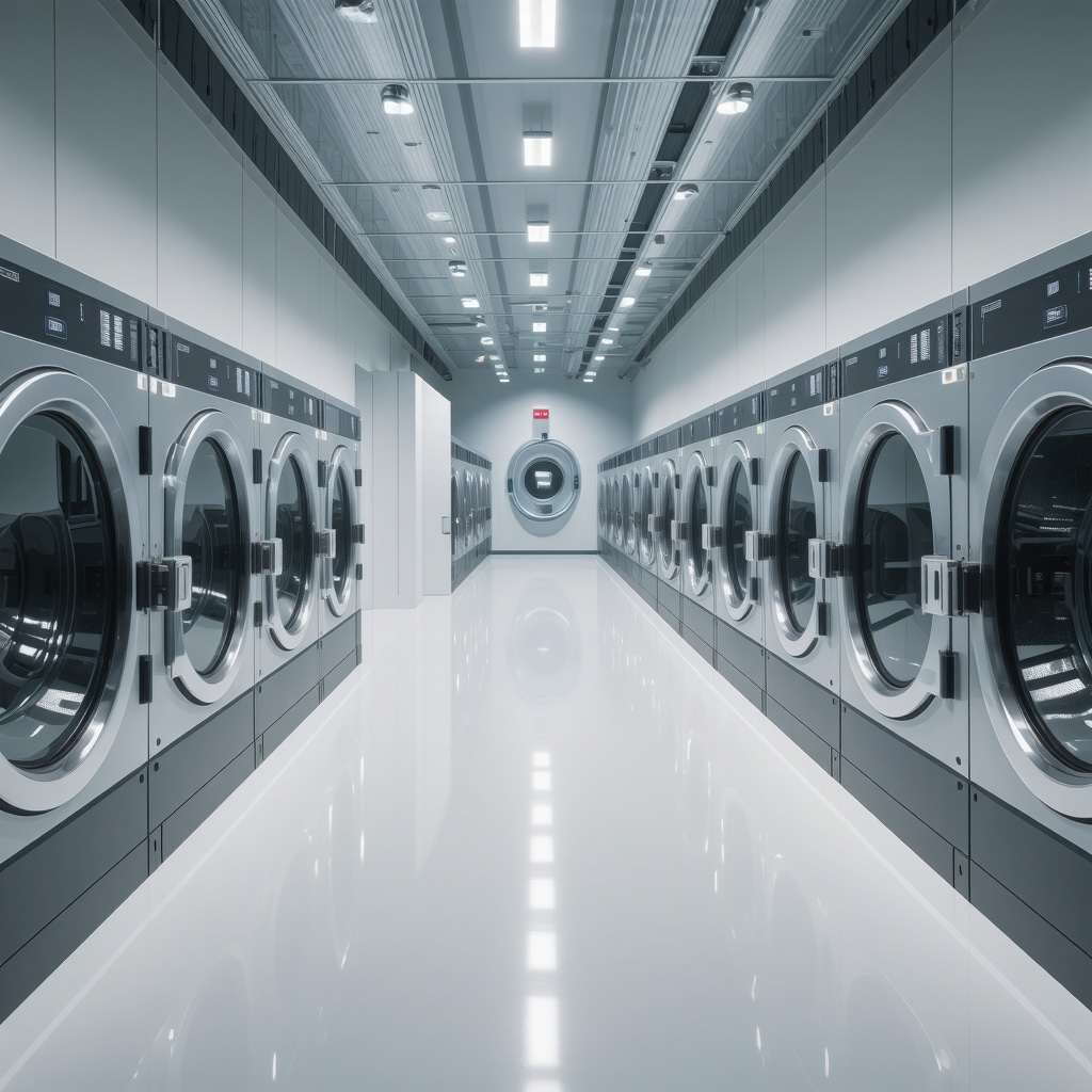 High-tech laundry facility with smart fabric sensors, AI scheduling, and water recycling systems