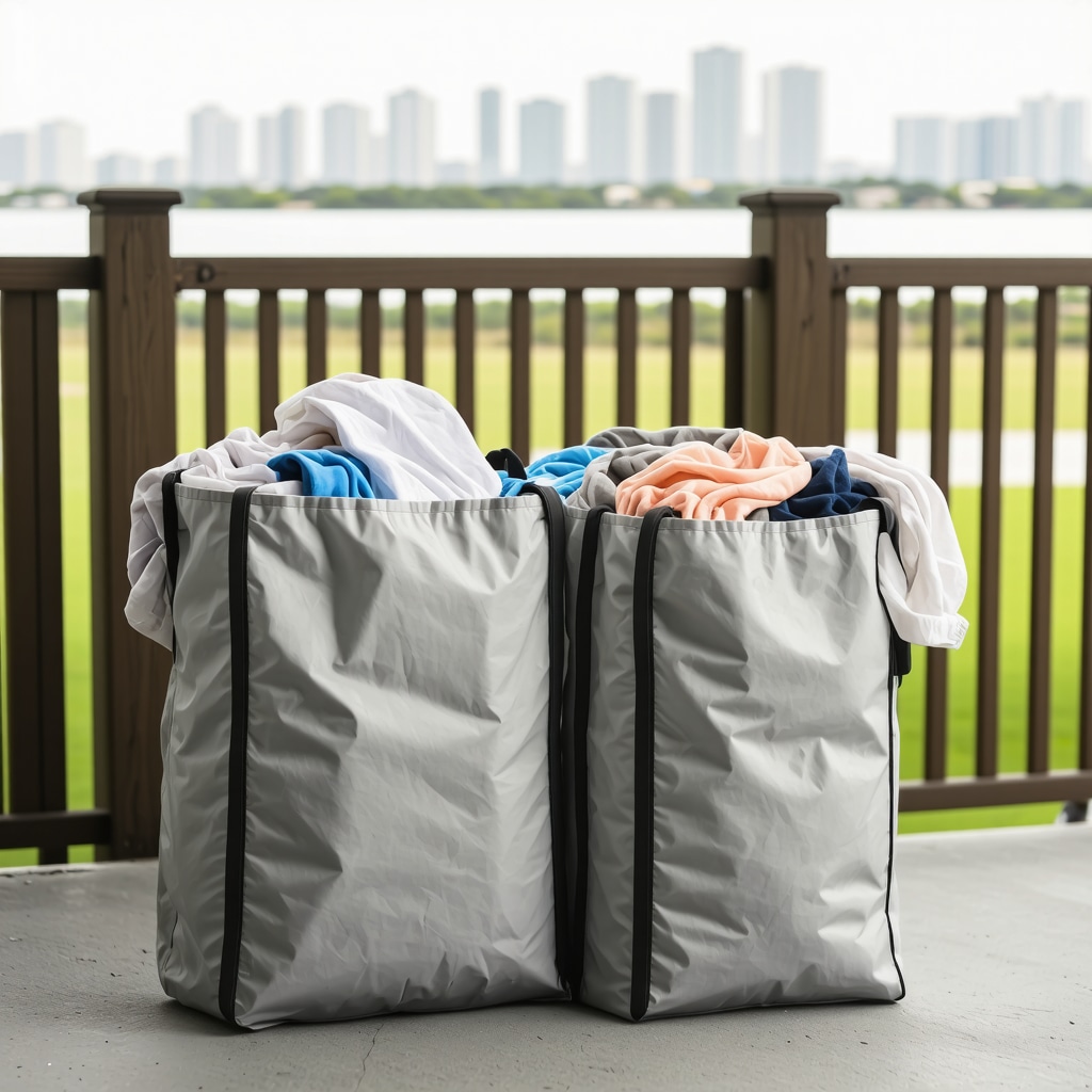 Eco-friendly reusable laundry bags filled with clean clothes on a porch with Tampa skyline