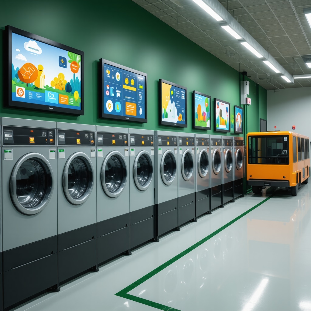 Digital dashboards and IoT laundry machines showcasing sustainability metrics in Tampa