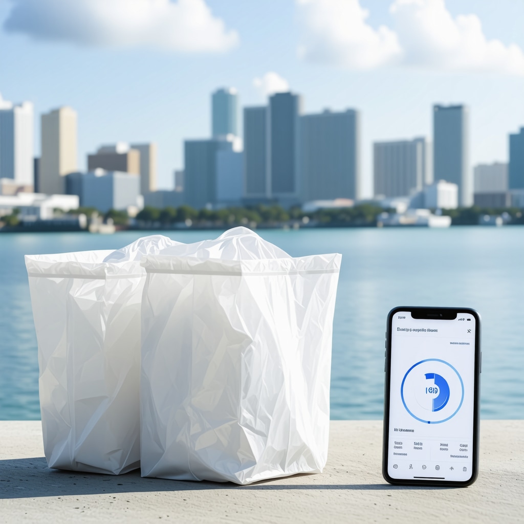 IoT-enabled smart laundry packaging displaying status on mobile app with Tampa Bay skyline