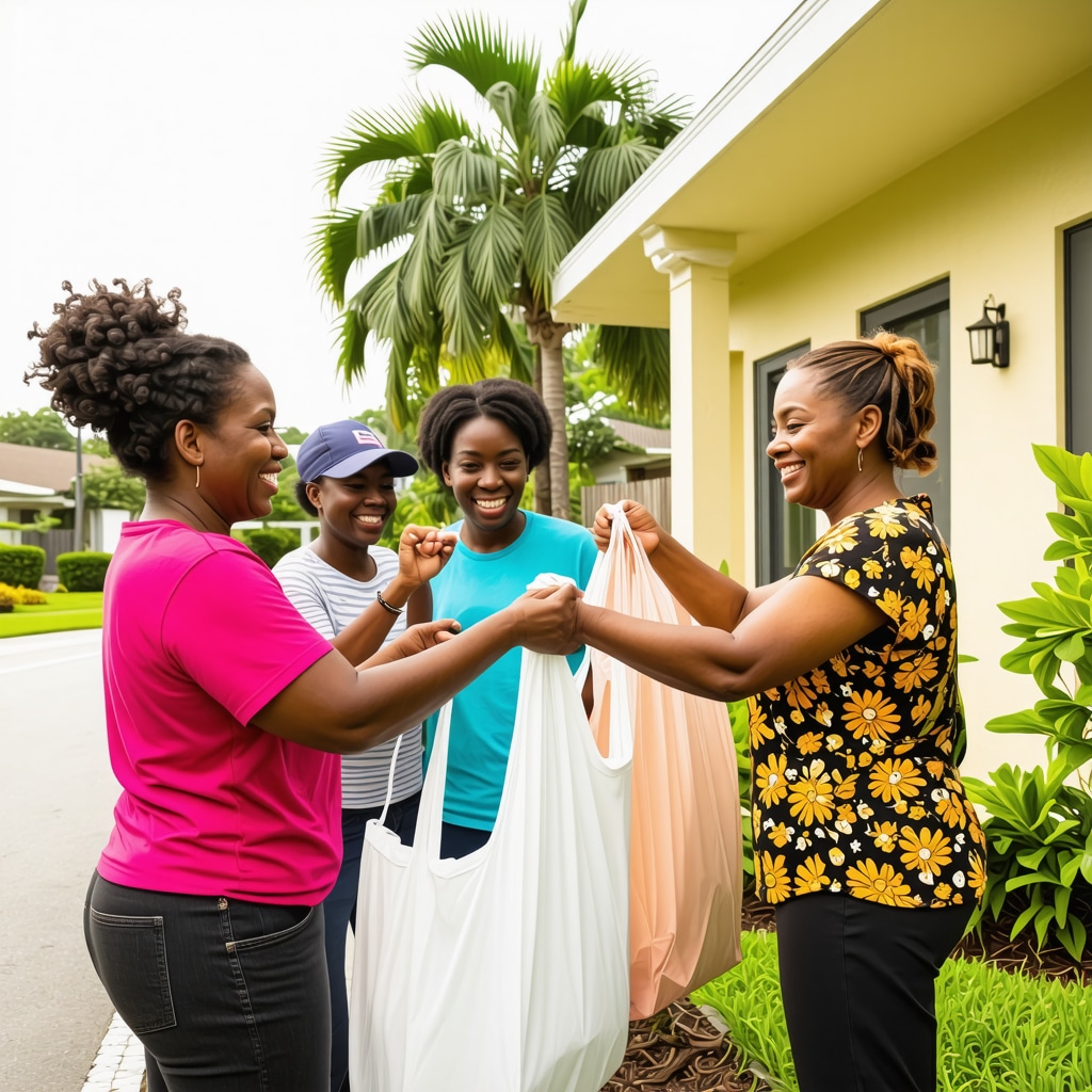 Residents in Tampa exchanging reusable laundry bags outdoors to promote community sustainability