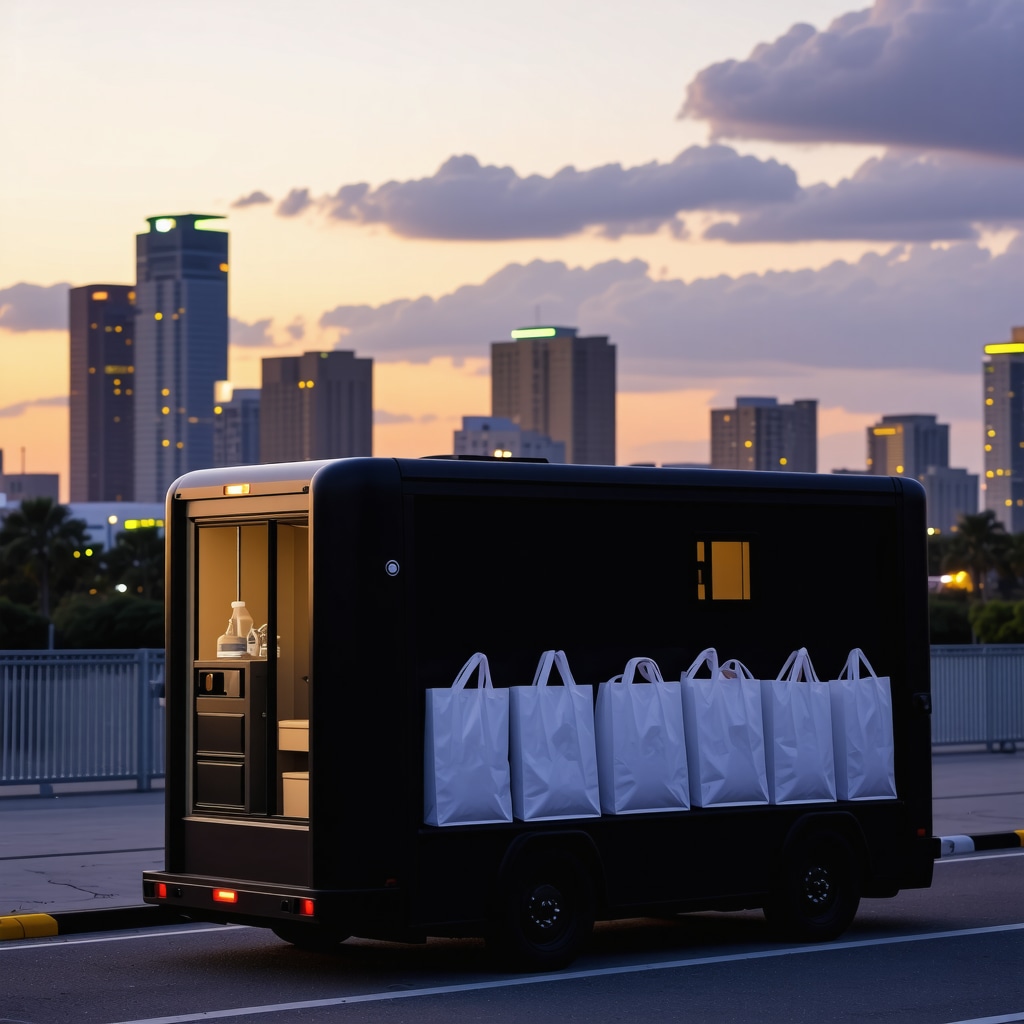 Modern laundry delivery van at night in Tampa city with reusable bags and GPS tracking highlighted