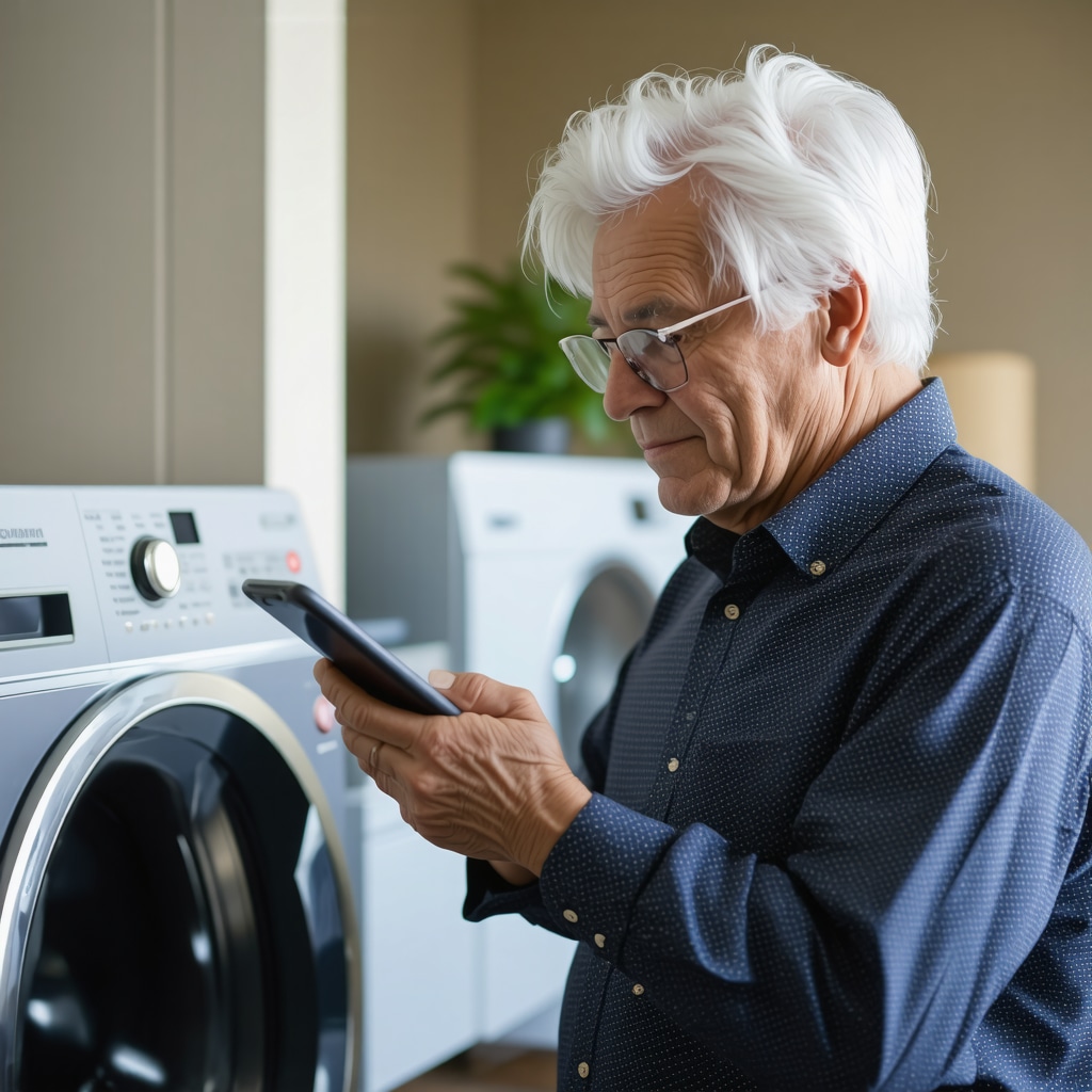 Elderly care professional managing laundry pickup via mobile app with senior client