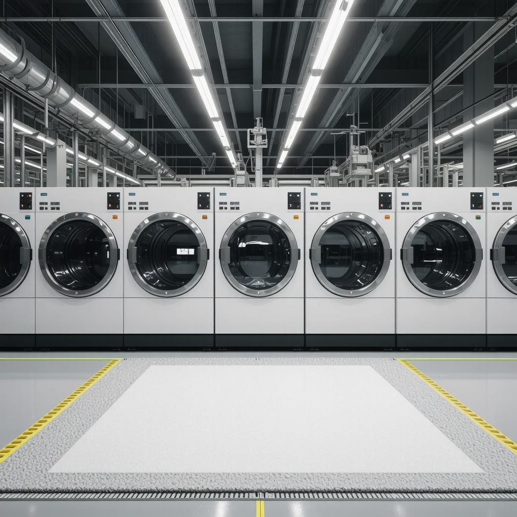 Modern commercial laundry with AI robots and textile recycling stations demonstrating sustainable and high-tech operations