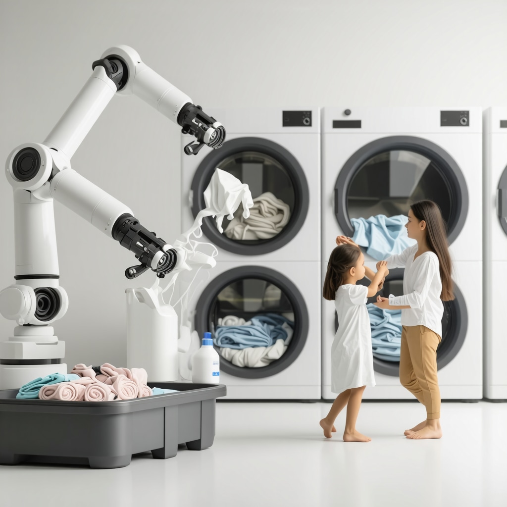 Robotic arms sorting laundry with eco-friendly detergents and family receiving fresh folded clothes at home