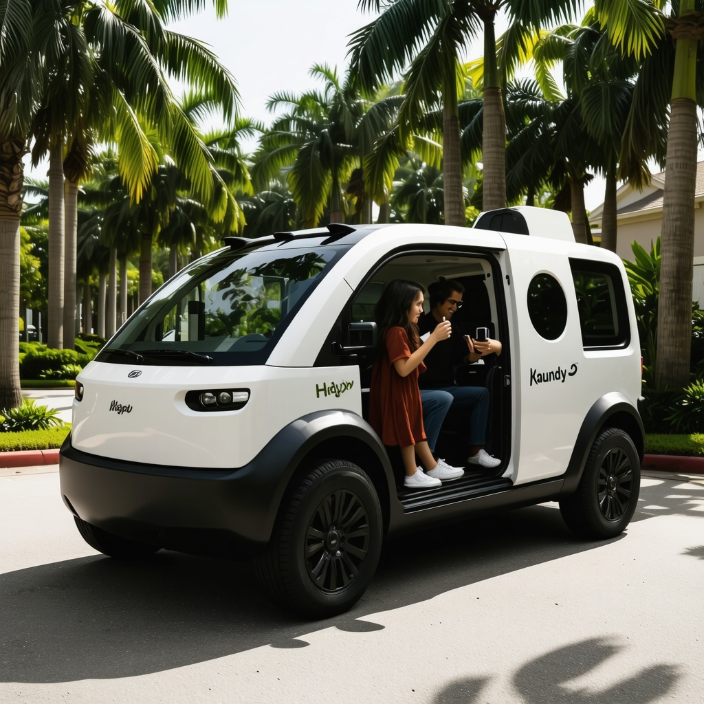 AI-powered laundry pickup vehicle with eco-friendly design in Palm Harbor neighborhood