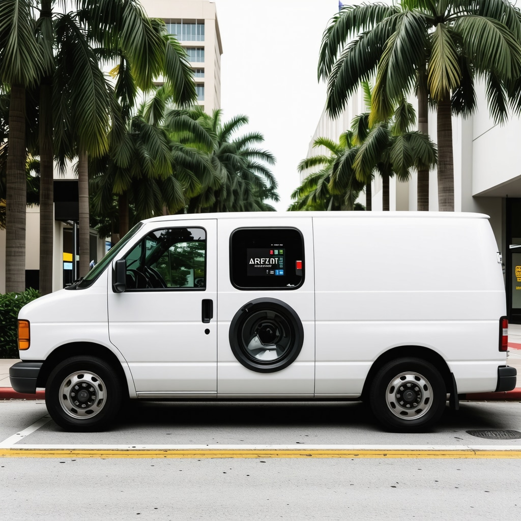 Laundry pickup van with AI technology and eco-friendly packaging in Tampa cityscape