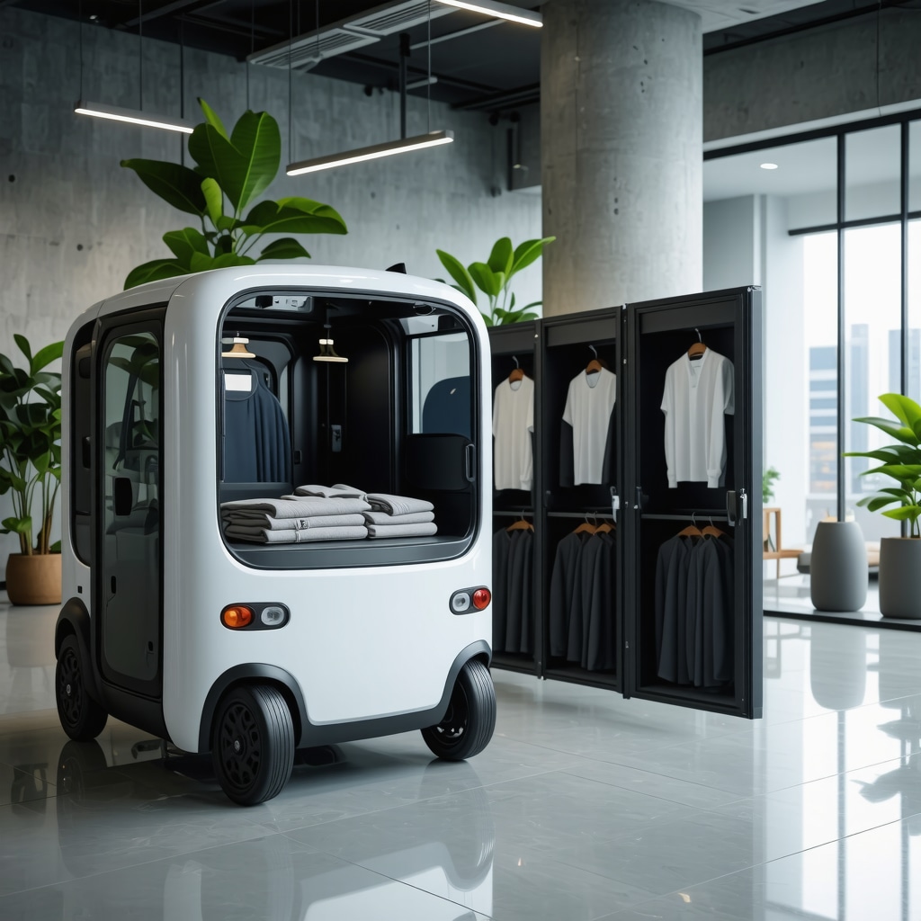 Illustration of AI-powered laundry pickup service with smart tracking and eco-friendly delivery in an office setting