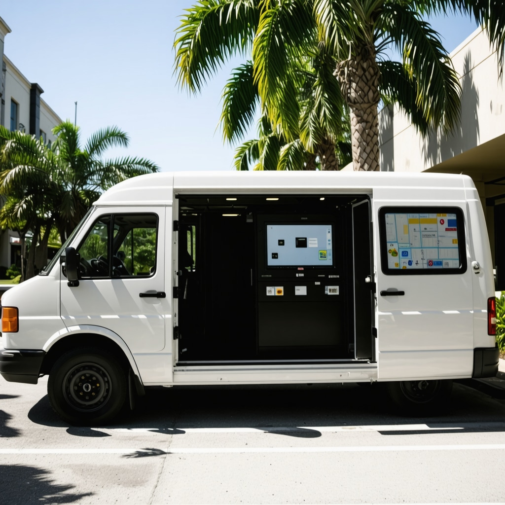 Laundry pickup van equipped with GPS and AI logistics systems in Tampa urban setting