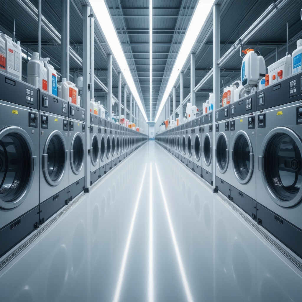 Modern laundry facility in Odessa with AI robots sorting clothes and eco-friendly detergents
