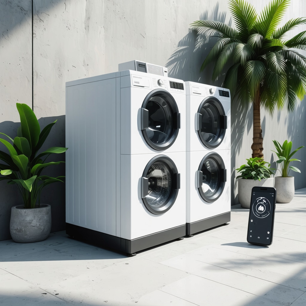 Smartphone app showing laundry pickup tracking with eco-friendly laundry machines and solar panels in background near USF Tampa