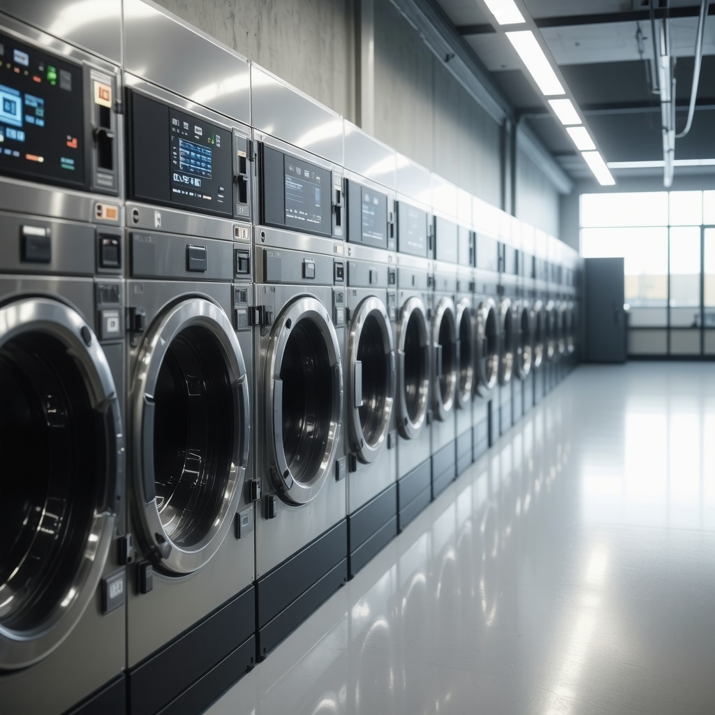 Commercial laundry facility using AI scheduling and eco-friendly packaging for pickup services
