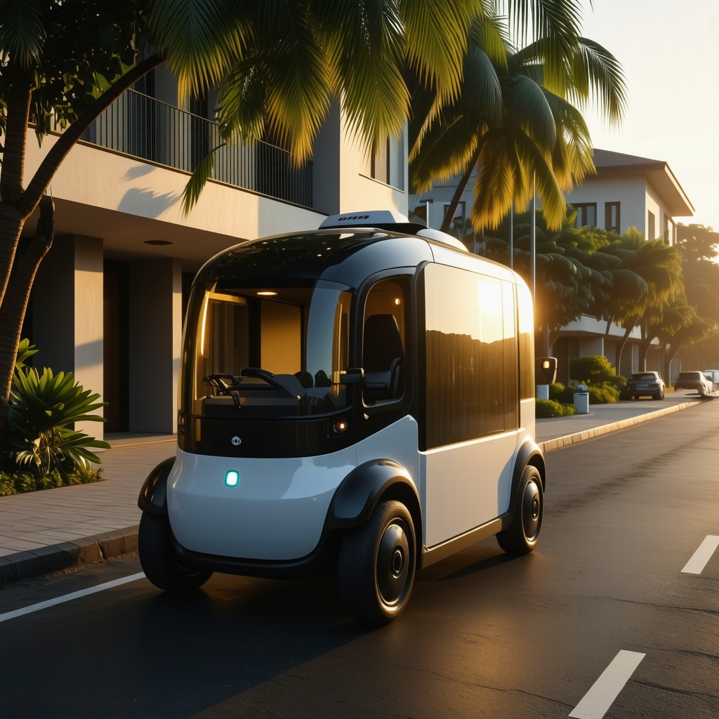 Eco-friendly AI-enabled delivery vehicle driving through Crystal Beach residential area
