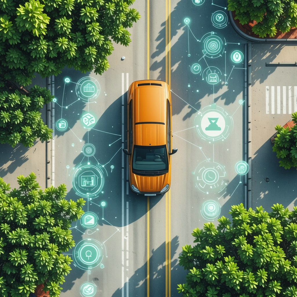 Laundry delivery van in Tampa with digital route and eco icons showing AI and sustainability