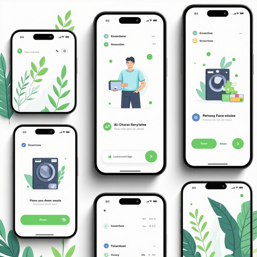 Smartphone screen displaying AI-driven laundry pickup routes, customer notifications, and eco-friendly service icons