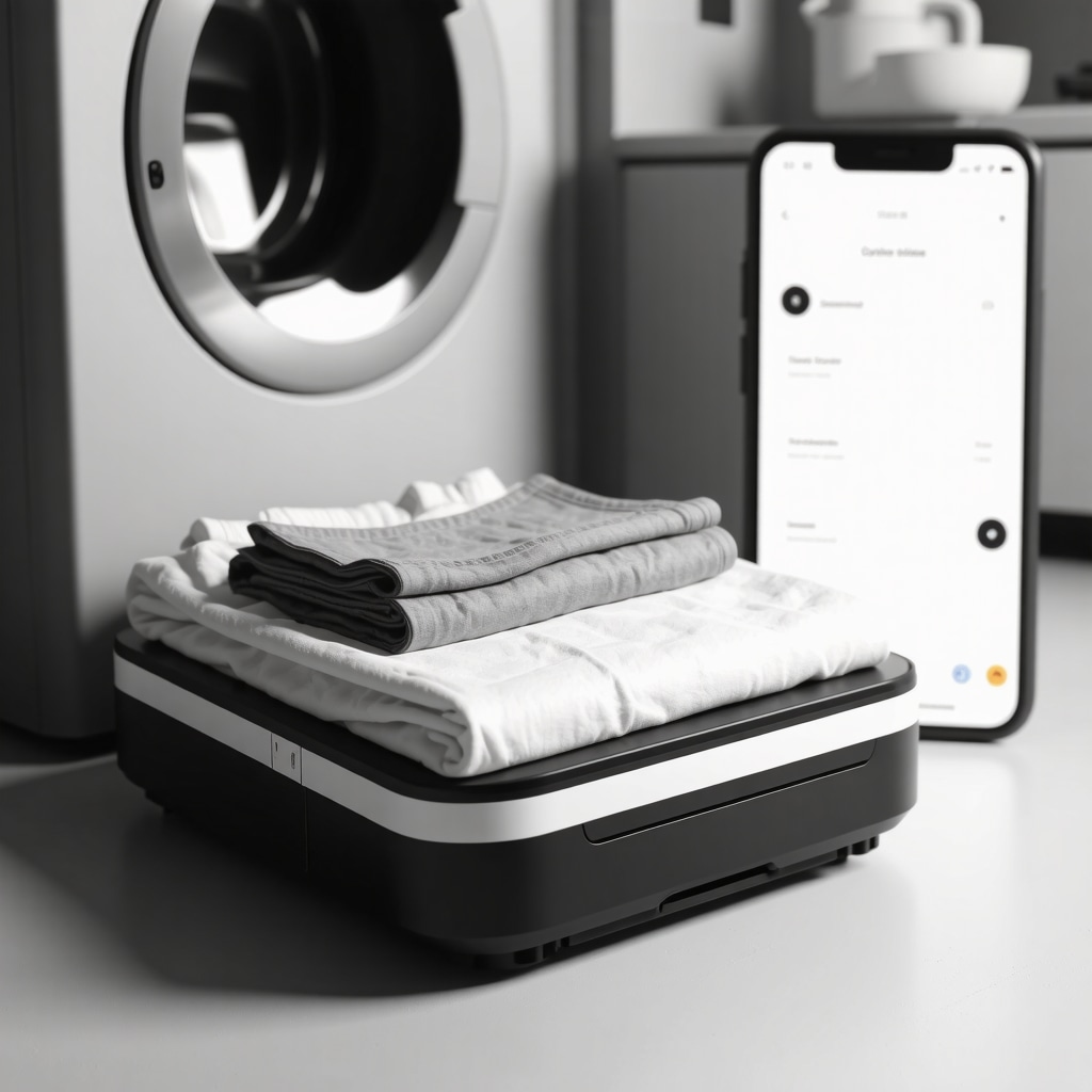 Robotic system folding laundry with smart home control panel displaying customization options