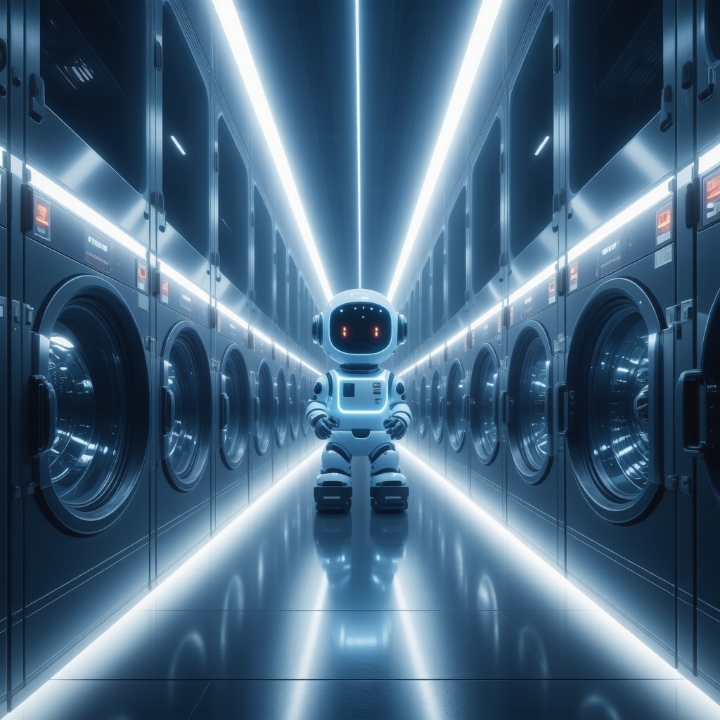 Robotic arms disinfecting laundry with UV-C light in a modern laundry facility