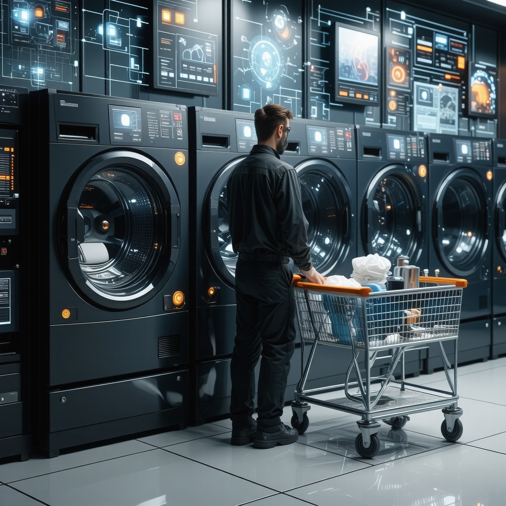 Futuristic digital interfaces illustrating AI analytics and blockchain ledgers in laundry service management