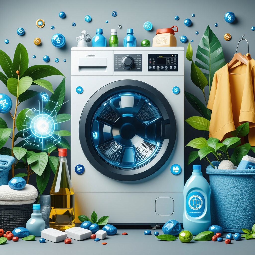 Illustration of AI, IoT, and blockchain technologies combined with eco-friendly laundry elements for family services