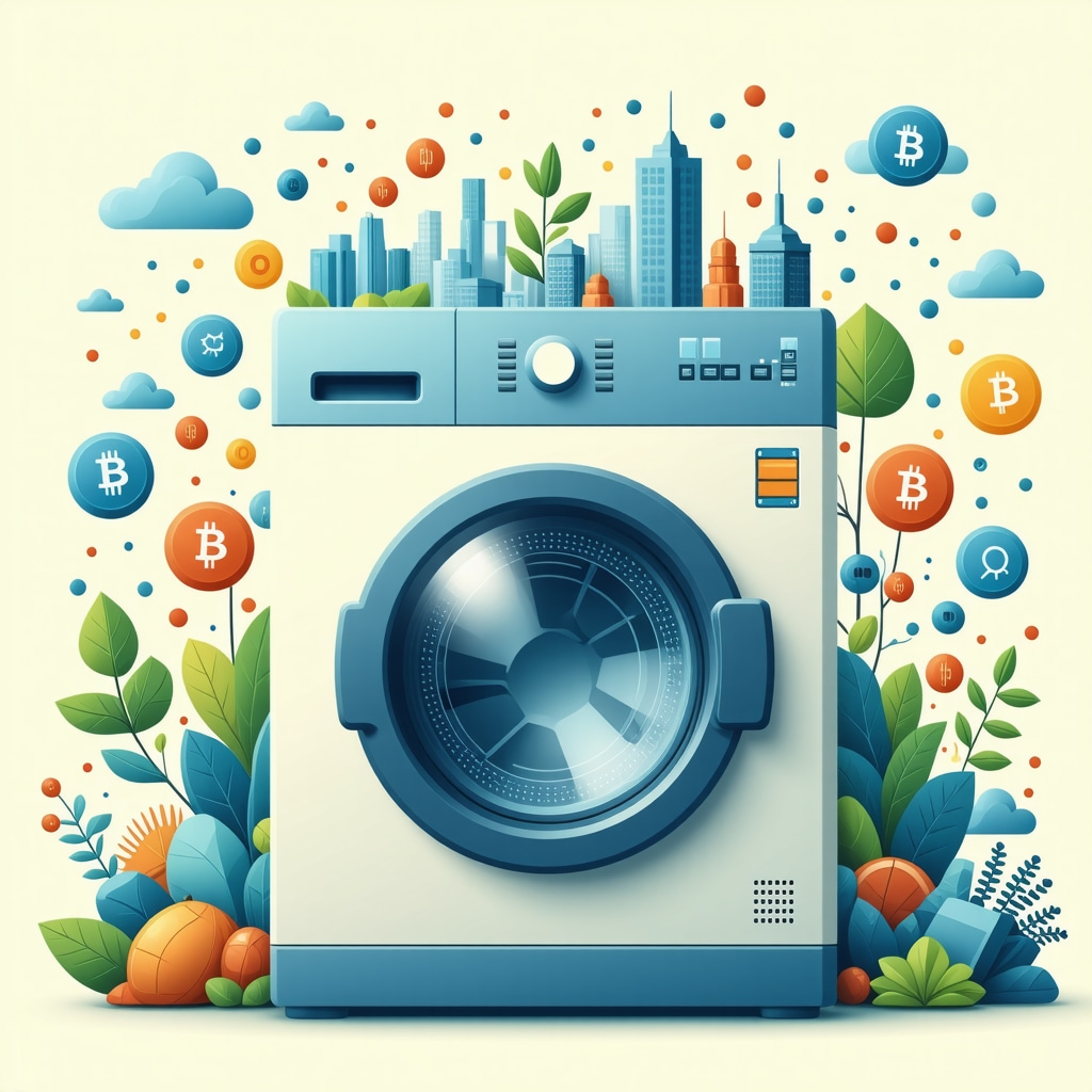 Graphic showing AI and blockchain technology icons linked with a washing machine and community environment