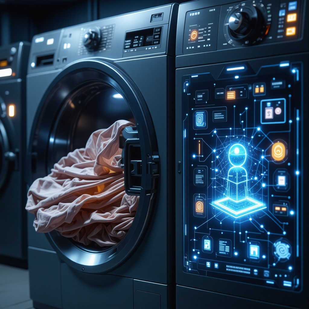 Digital interface showing AI analysis and blockchain ledger for laundry pickup insurance claims