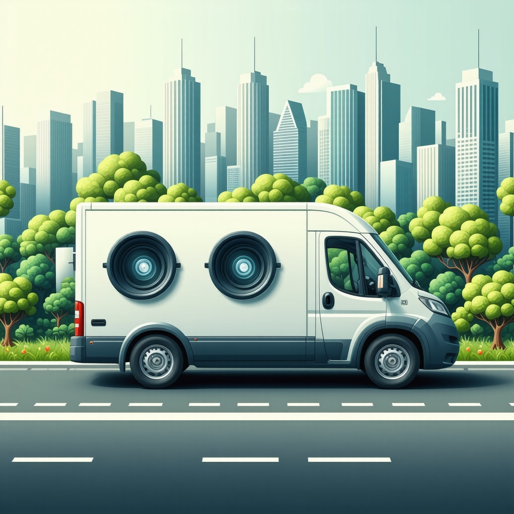 Smart laundry pickup van with AI and IoT icons on an environmentally friendly city route