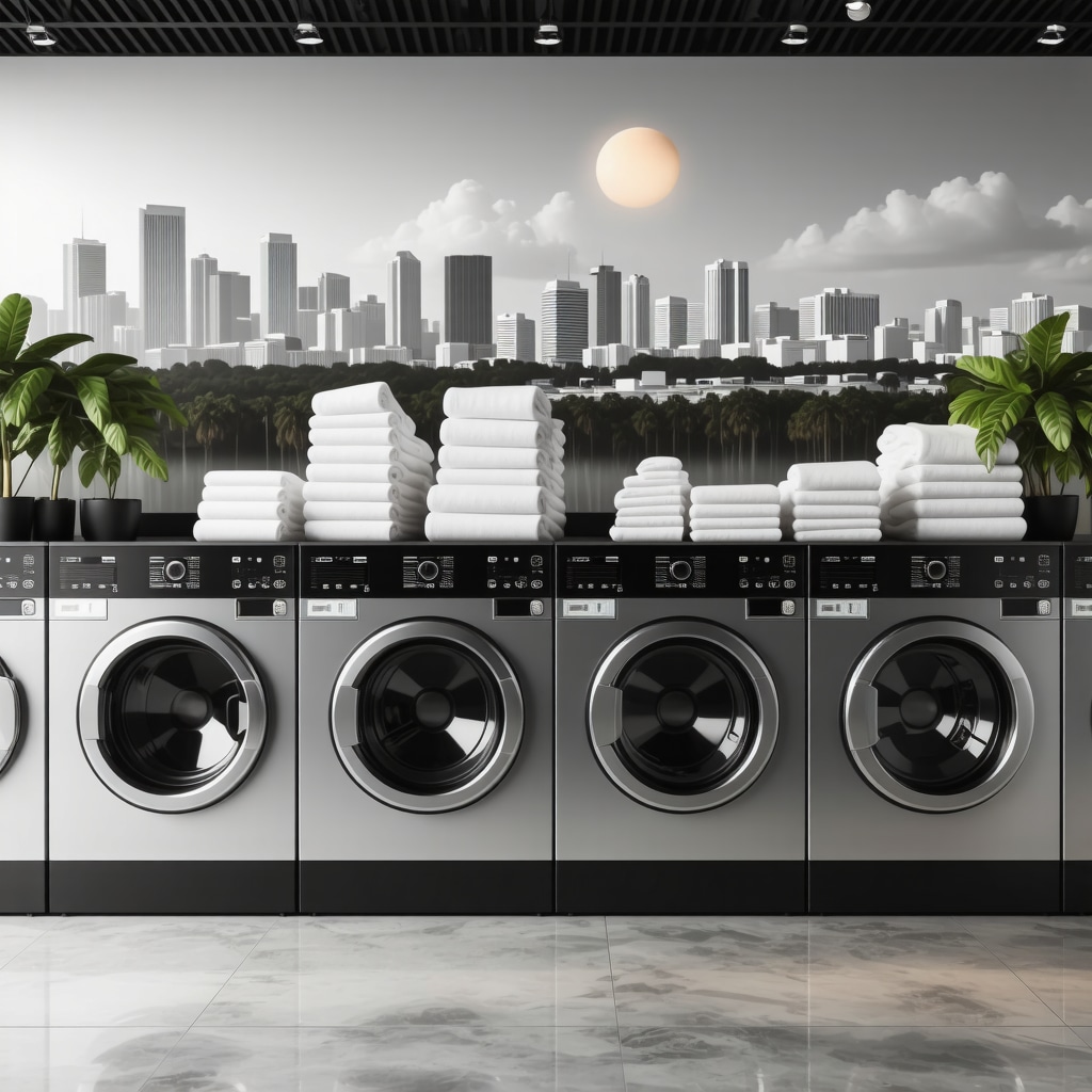 Modern laundry facility with AI and IoT technology and eco-friendly packaging in front of Tampa city skyline