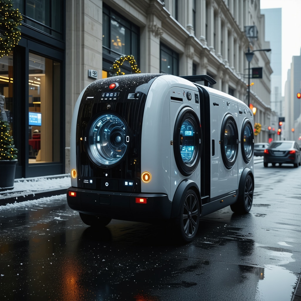Futuristic laundry pickup vehicle with IoT sensors and AI data overlays in holiday city environment