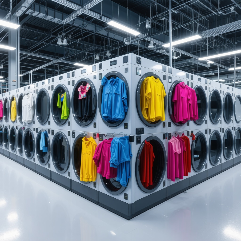 High-tech laundry facility with AI sorting robots and water treatment systems preserving garment colors
