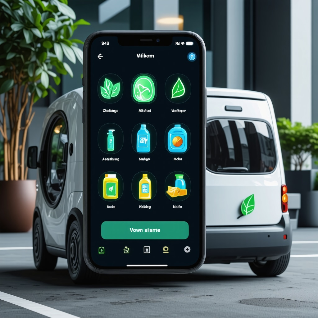 Mobile app showing AI laundry scheduling and eco-friendly laundry pickup van with green leaf logo