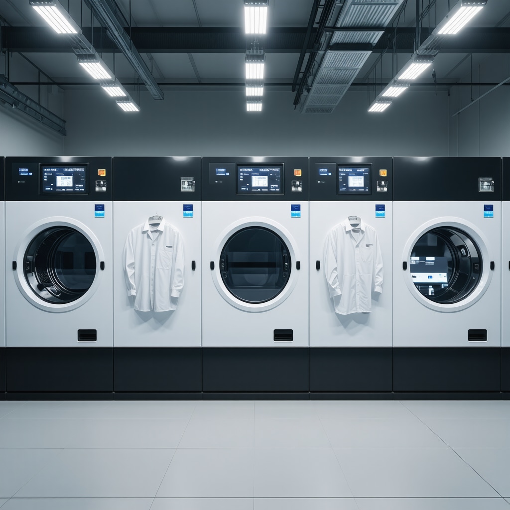 High-tech laundry facility with AI analytics and sustainability features for corporate uniforms