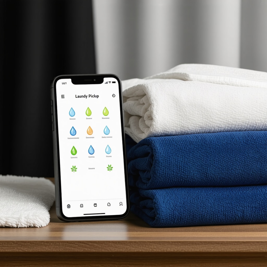 Mobile app interface showing AI-driven laundry pickup scheduling with eco-friendly symbols and fresh folded clothes in Tampa Bay home
