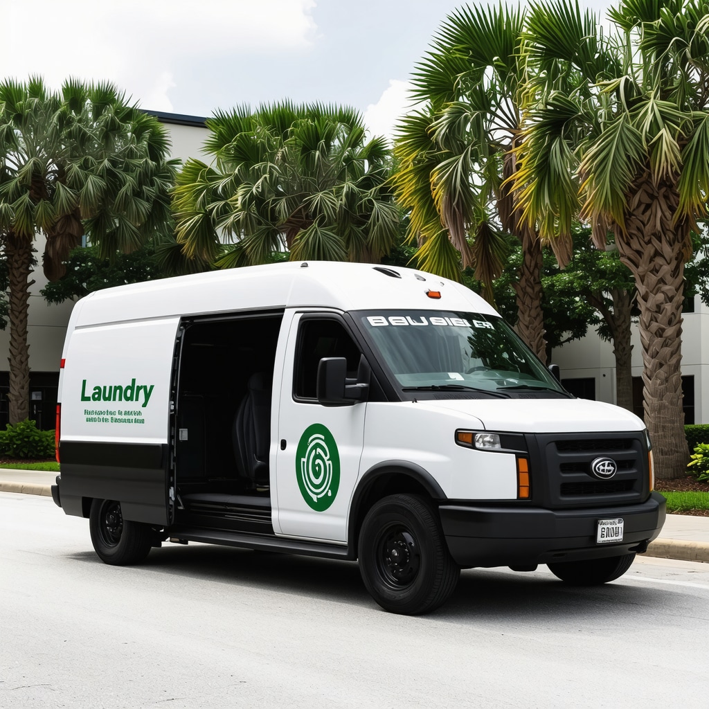 Futuristic laundry van with AI sensors and eco-packaging at USF Tampa