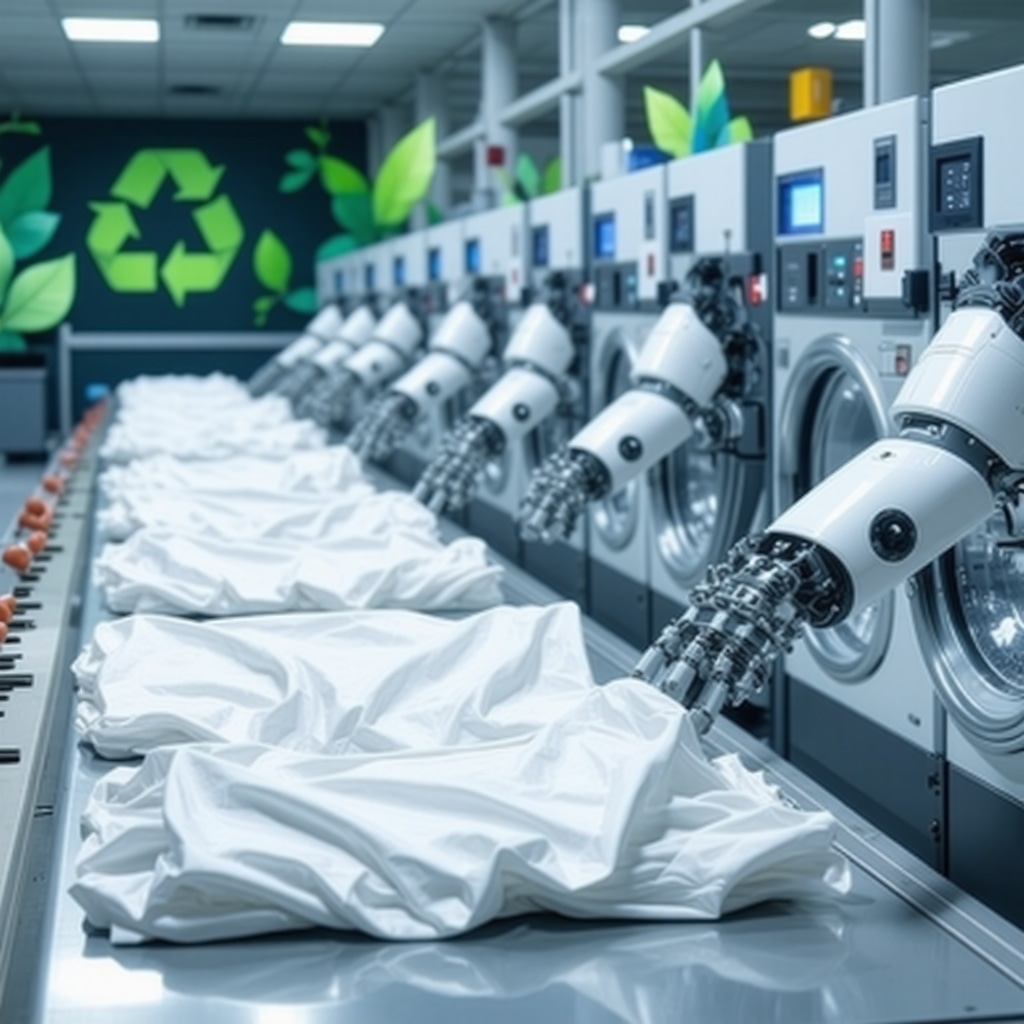 Robotic arms folding advanced fabric garments in a sustainable laundry environment