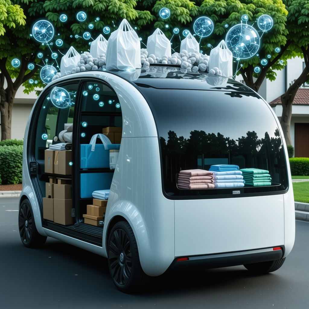 Futuristic laundry pickup van with eco-friendly packaging and nanotechnology symbols in a suburban setting